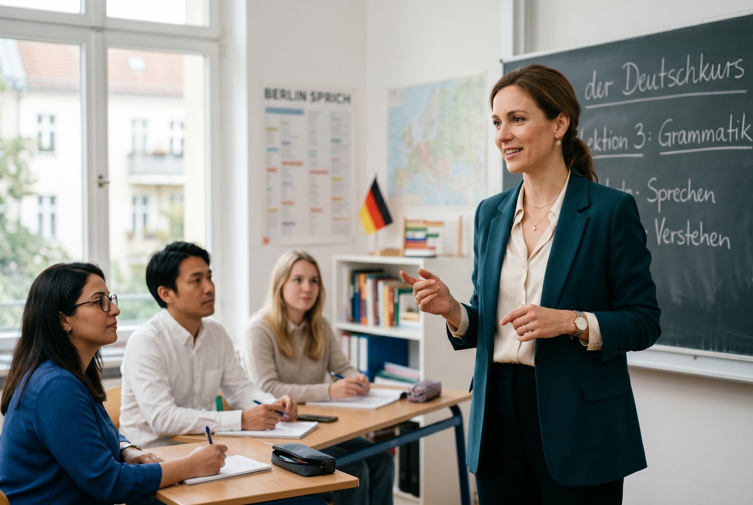 A native German teacher leading a class of international students at Medlingua Academy in Berlin
